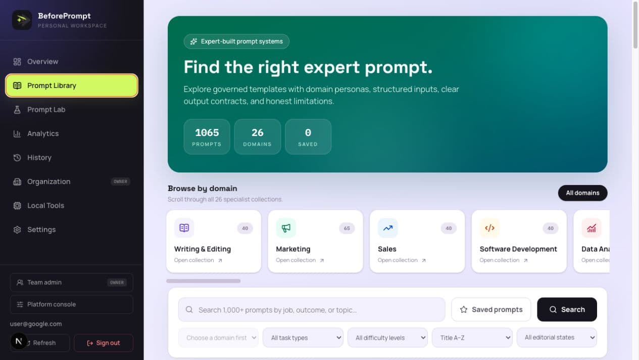 BeforePrompt workspace showing the prompt library with domain and difficulty filters